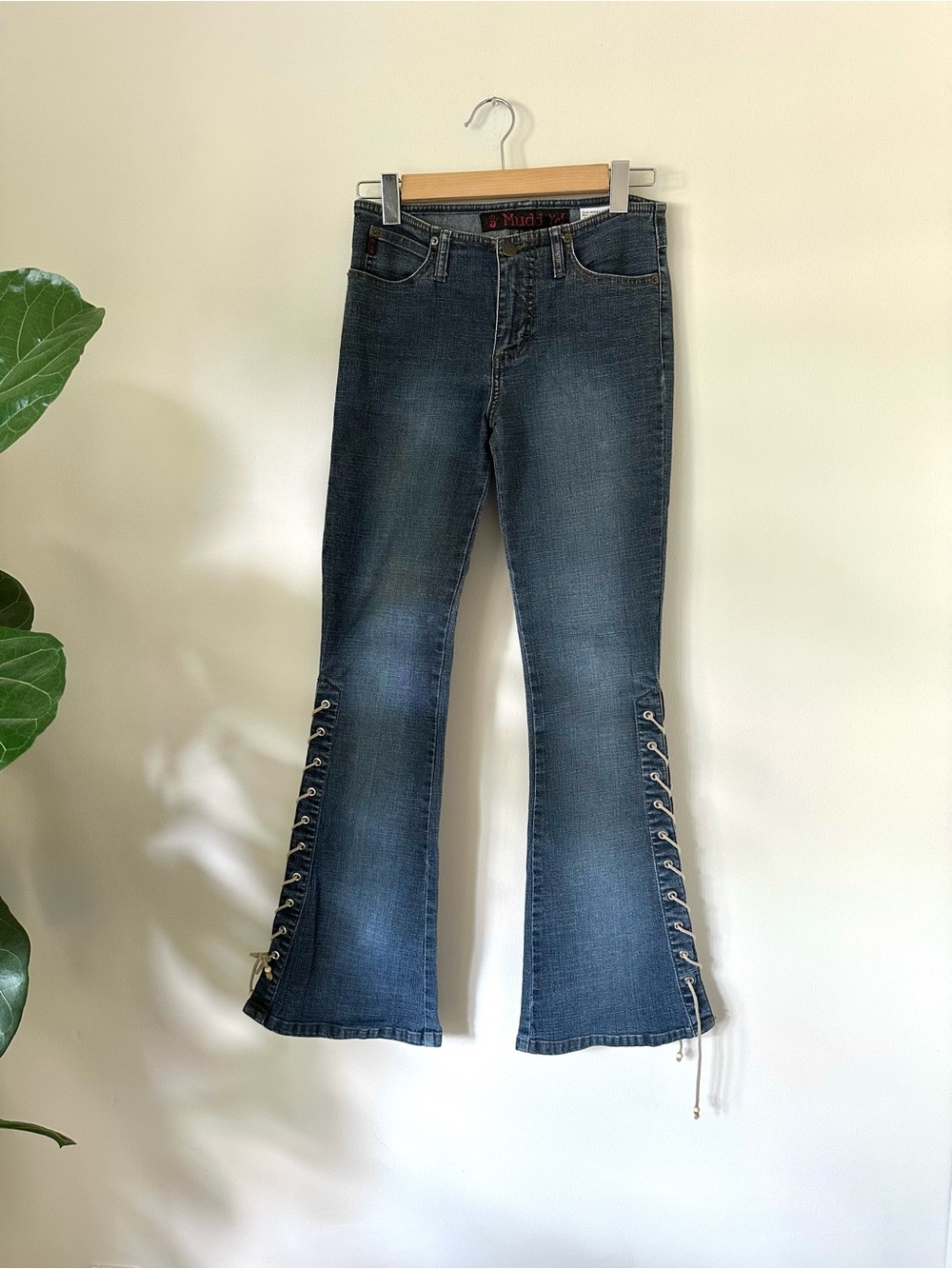 VTG 90s Y2K Mudd Lace Tie Up Grommet Low Rise Flare Jeans Sz 3 Boho Hipster